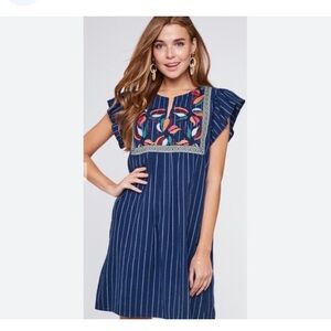 Elegant Navy Pinstripe Dress w/Embroidered Neckline
